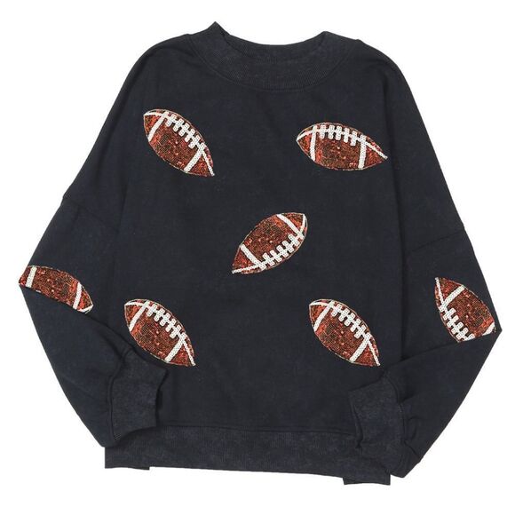 Black Football Sparkle Crew Neck Sweater Game Day Sweater - Picture 5 of 5